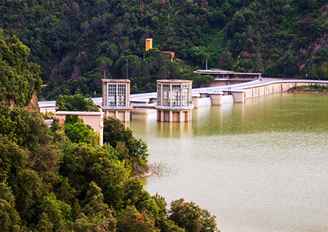 wellness water company - a water dam with trees and a building